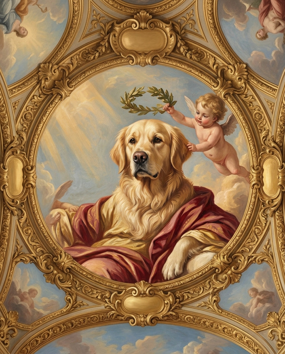 Golden retriever painted as a Baroque ceiling fresco