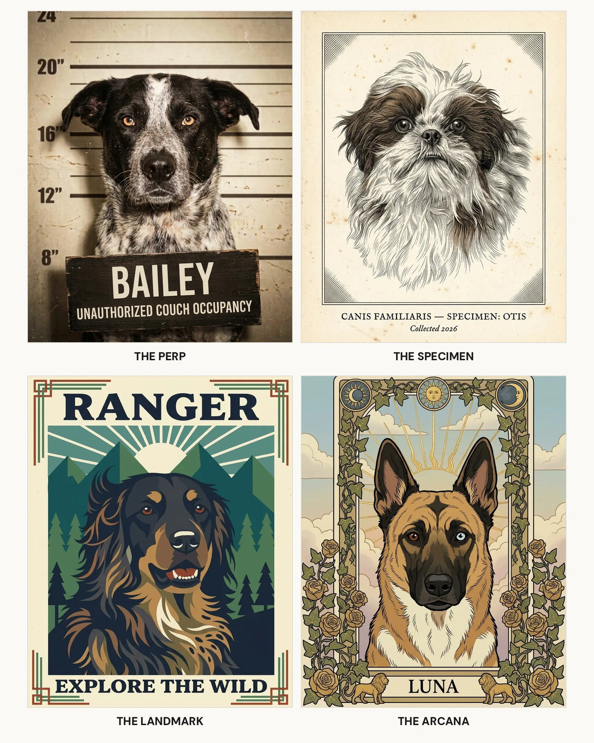 Four custom dog portrait styles — The Perp mugshot, The Specimen Victorian engraving, The Landmark travel poster and The Arcana tarot card