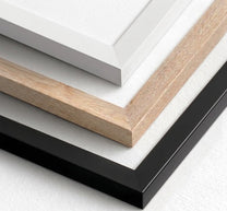 Frame finish options for custom pet portraits: white, natural wood and black pine