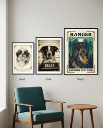 Three framed dog portraits on a wall showing 8x10, 11x14 and 16x20 print sizes