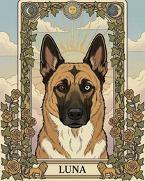 The Arcana custom dog portrait: a shepherd on an ornate tarot card with the name LUNA