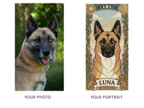 Before and after: a phone photo of a shepherd beside her custom Arcana tarot card portrait print
