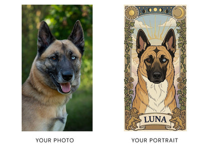 Before and after: a dog photo becomes an Arcana tarot card portrait