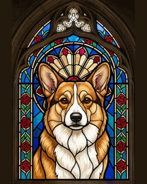 The Cathedral custom dog portrait: a corgi rendered as a stained glass window