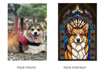 Before and after: a phone photo of a corgi beside his custom Cathedral stained glass portrait print