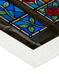 Close-up of the heavyweight matte archival paper edge on a Cathedral print