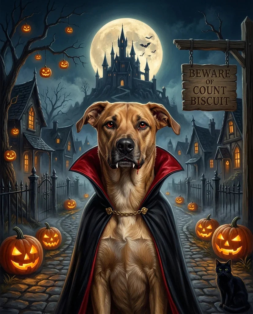 The Count Halloween pet portrait: a dog dressed as a vampire in a moonlit haunted village