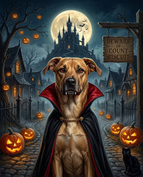 The Count Halloween pet portrait: a dog dressed as a vampire in a moonlit haunted village