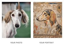 Before and after: a phone photo of a Saluki beside her custom Egyptian relief portrait print
