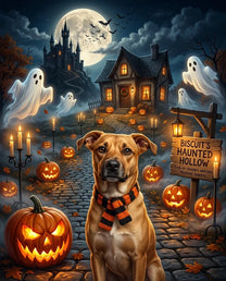The Haunted Hollow Halloween pet portrait: a dog on a pumpkin-lined path with ghosts, bats, a full moon and a castle