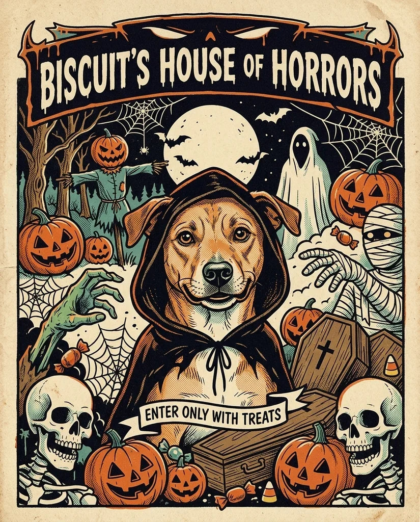 The House of Horrors Halloween pet portrait: a dog in a hooded cloak in a retro horror comic collage