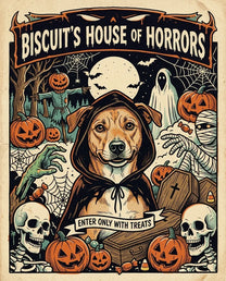 The House of Horrors Halloween pet portrait: a dog in a hooded cloak in a retro horror comic collage
