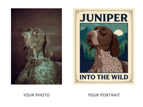 Before and after: a German shorthaired pointer photo becomes a Landmark travel poster portrait