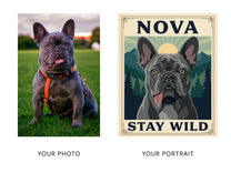 Before and after: a French bulldog photo becomes a Landmark travel poster portrait
