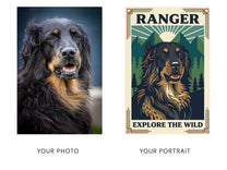 Before and after: a phone photo of a black hovawart beside his custom vintage travel poster portrait print