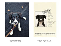 Before and after: a phone photo of a border collie puppy beside her custom passport-style portrait print