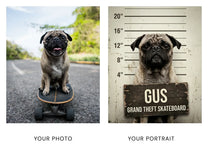 Before and after: a pug photo on a skateboard becomes a Perp mugshot portrait